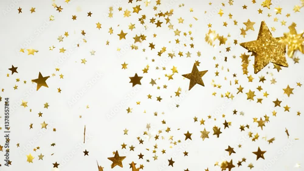 Poster a white background with a lot of golden stars. the stars are in different colors and sizes. the star