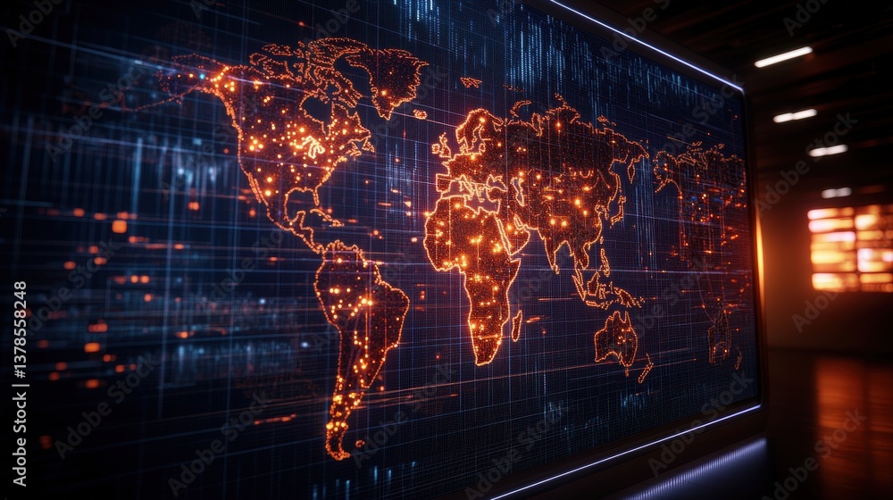 Poster digital display of global network activity with illuminated nodes on a world map set against a dark 