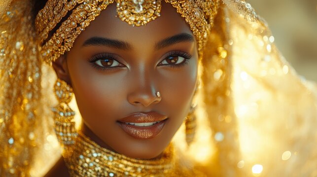 Regal mysterious figure elegantly adorned with bright gold jewelry on neck and wrists in a distinguished presence