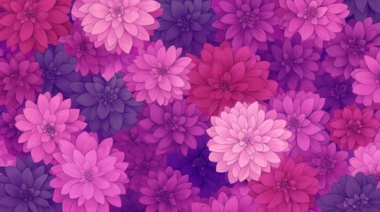 Full frame of a lush pink and purple dahlia floral background. The many flowers in full bloom evoke the essence of spring with a bold, vibrant design filled with color.