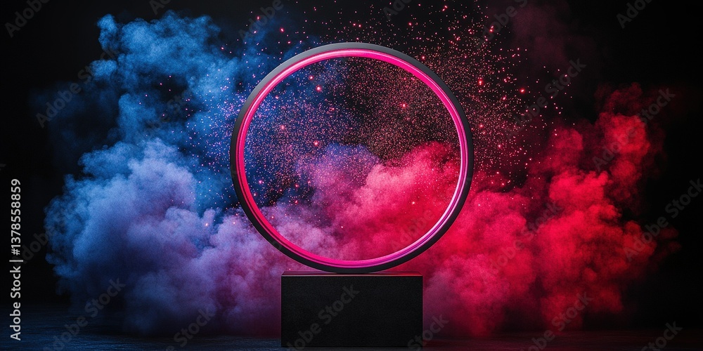 Poster vibrant circular display surrounded by colorful smoke creates a dynamic atmosphere in a dark setting