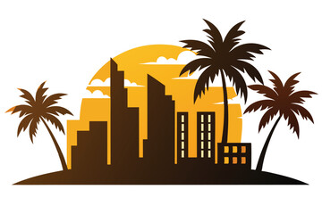 Silhouette Cityscape with Palm Trees at Sunset on Transparent Background