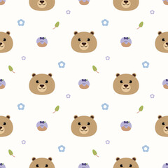 Face bear cartoon so cute. On cupcake blueberry flower leaf white background. Pattern seamless vector illustration. 