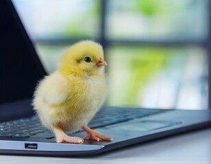 Little yellow chicken, sitting on a laptop, playful Easter or tech-related promotions.