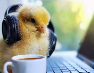 Little yellow chicken with headphones and a cup of coffee, sitting on a laptop, playful Easter or tech-related promotions.