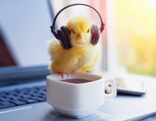 Little yellow chicken with headphones and a cup of coffee, sitting on a laptop, playful Easter or tech-related promotions.