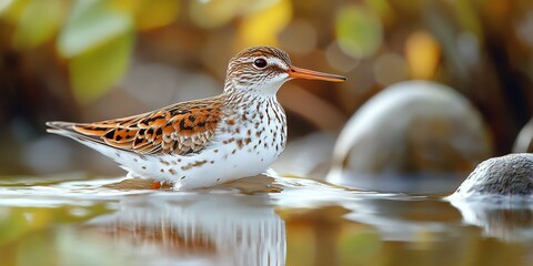 Bird wades in shallow water surrounded by colorful foliage during a sunny day near a calm riverbank