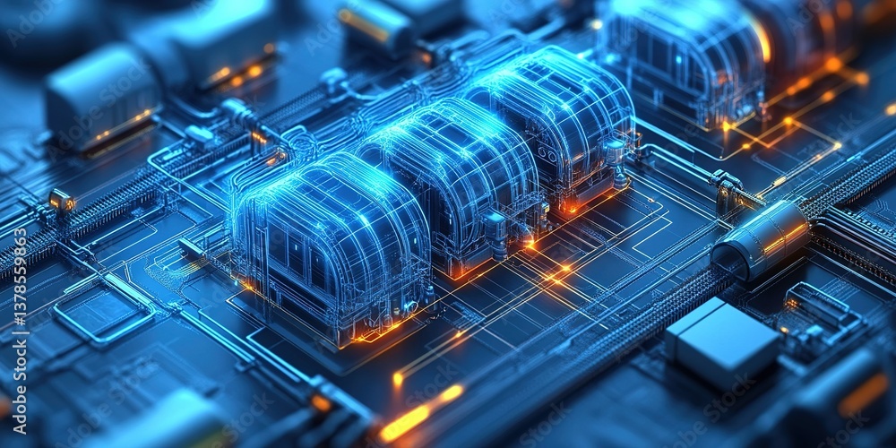 Poster high-tech circuitry with glowing elements creating a futuristic electronic landscape
