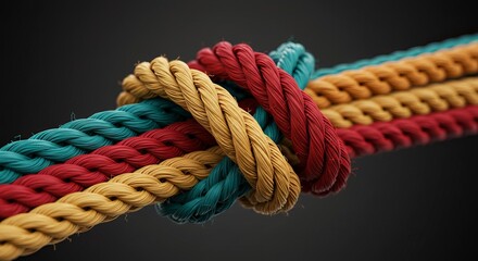 close-up colorful rope knot. Background shows the unity, solidarity, strength, partnership, teamwork, cooperation, power, diversity, support, integration, and communication. Network