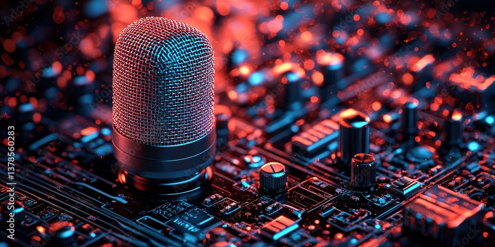 Poster microphone placed on a circuit board in a vibrant setting showcasing technology and creativity