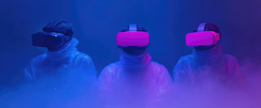 Three figures in VR headsets and protective gear stand in a hazy, blue and purple lit atmosphere