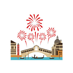 Fototapeta premium Venice Celebration: A vibrant illustration captures the iconic Rialto Bridge of Venice, with fireworks illuminating the evening sky. A gondola glides gracefully along the canal.