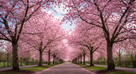 Sunlit Pink Cherry Blossom Avenue, Springtime Pathway