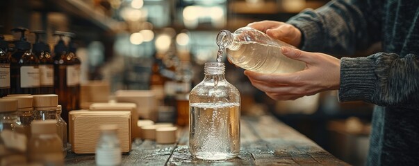 Obraz premium Close-up of hands pouring liquid into a glass bottle on wooden table