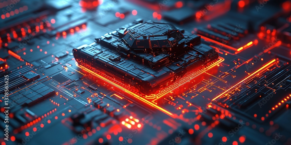Poster futuristic circuit board with glowing elements and a black tank model in a high-tech environment