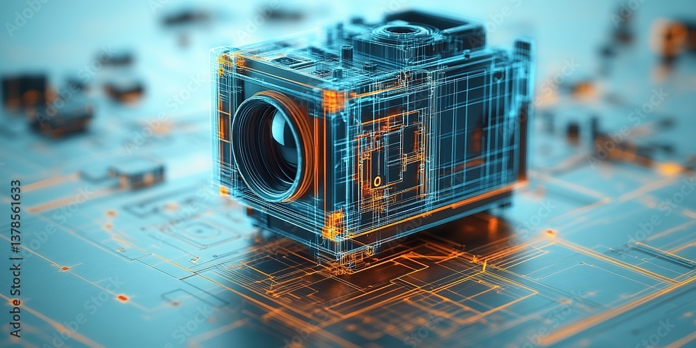 Aufkleber high-tech camera model on circuit board showcasing modern technology in a futuristic setting