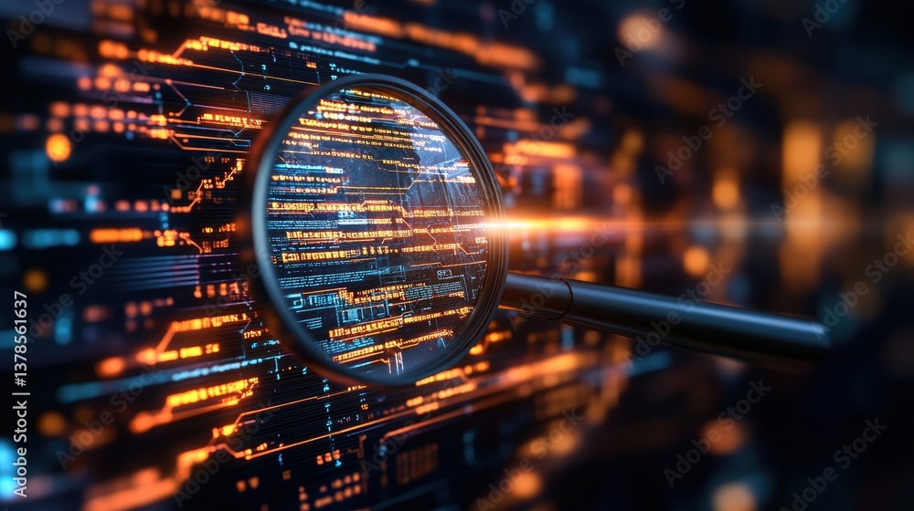 Poster a magnifying glass illuminating a vibrant digital code matrix representing intense data analysis and