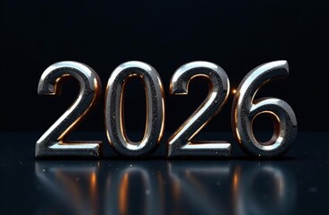 Happy new year 2026 with silver metallic numbers on dark background