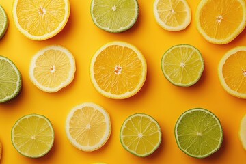 Obraz premium Fresh lemon and lime slices arranged on a vibrant yellow background for a cheerful culinary display