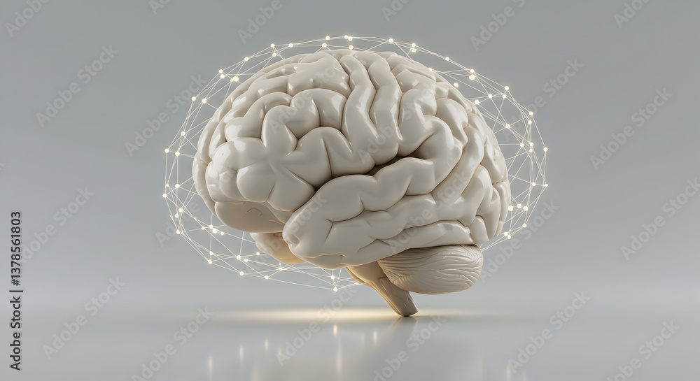 Poster anatomical brain model surrounded by glowing network on light grey background representing intellige
