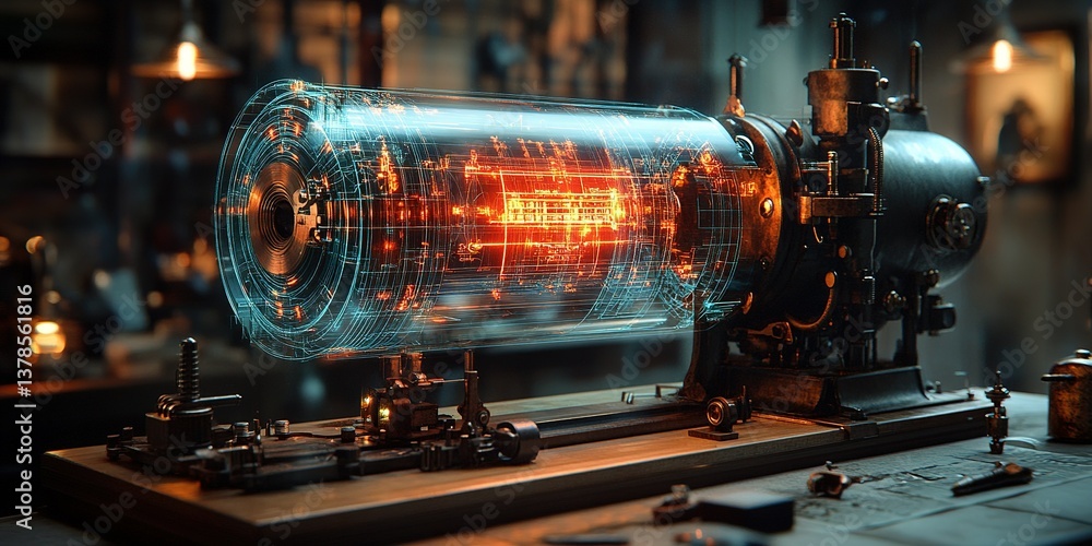 Poster electric generator with holographic display showing energy patterns and data in a workshop environme