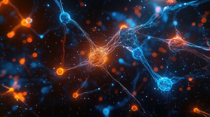 A digital network visualization with interconnected hexagonal nodes and icons,