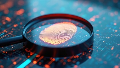 Magnifying glass reveals fingerprint on digital surface. Concept cyber security digital information. Forensic tech, investigation evidence. Data protection, network security, data privacy.