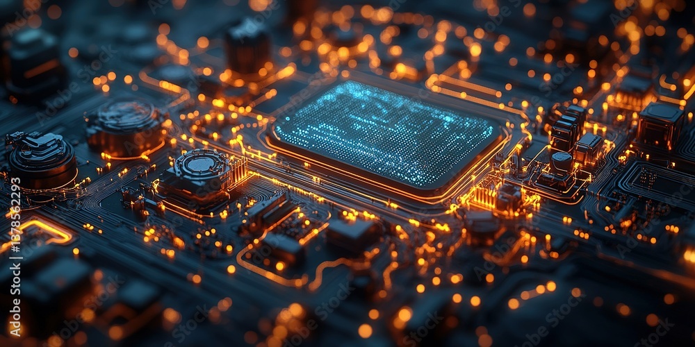 Poster high-tech circuit board with glowing components showcases intricate design and modern technology