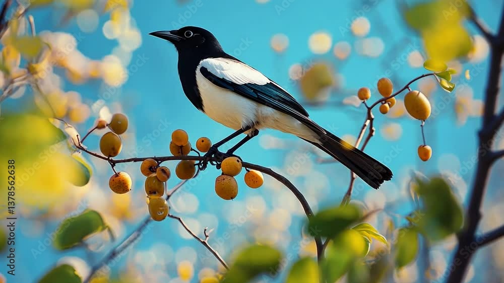 Poster elegant bird perched on tree branch surrounded by ripe fruit with soft blur background in a vibrant 