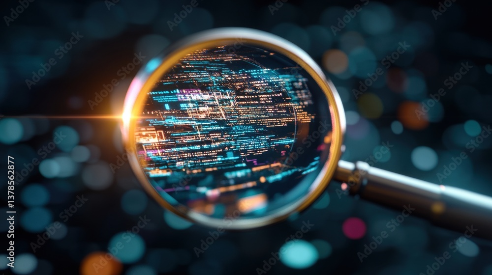 Poster a magnifying glass highlights glowing teal and orange digital code in a dark bokeh background, repre