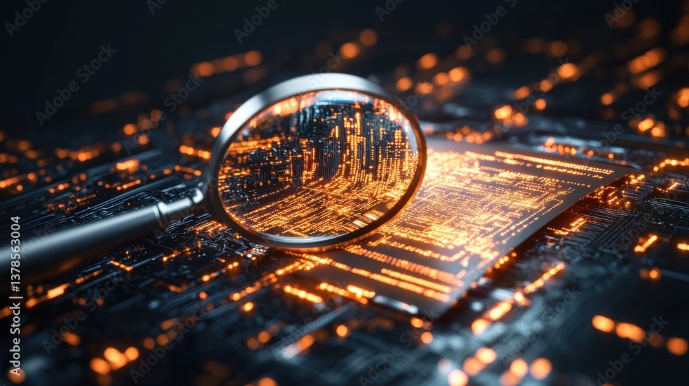 Poster A Close-Up View of a Magnifying Glass Over a Circuit Board Highlighting the Glowing Pathways of Intricate Internal Electronic Components and Wi