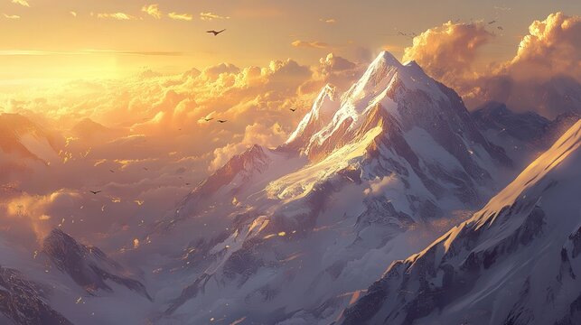 the airplane window, a stunning panorama of snow-capped mountains meets a clear horizon, bathed in golden sunlight.