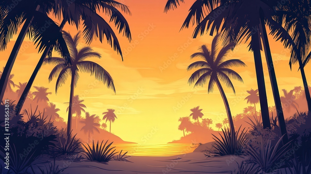 Poster dark shadows from coconut trees and a golden sky, creating a retro, nostalgic backdrop. perfect for 