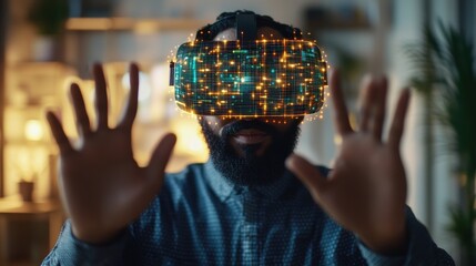 A focused bearded Black man wea a VR headset experiences a dynamic virtual world with glowing data projected onto his lenses as he interacts actively