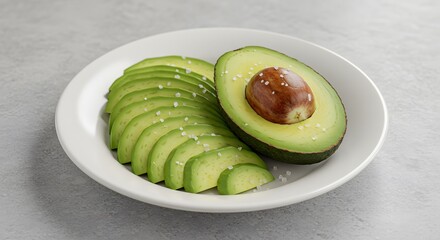 A plate of freshly sliced avocado, arranged in a fan pattern with a sprinkle of sea salt