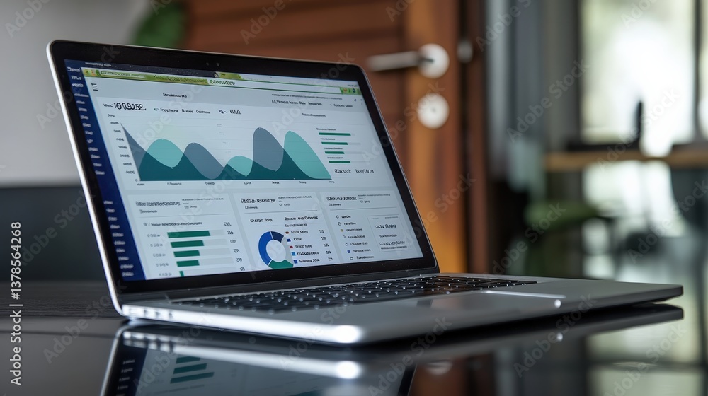 Aufkleber laptop displaying analytical data on a desk in a modern office with blurred background elements