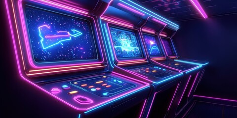 Obraz premium Retro arcade featuring neon lights and classic games in a vibrant gaming lounge