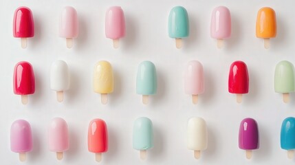 colorful ice creams arranged neatly in rows on a white background.