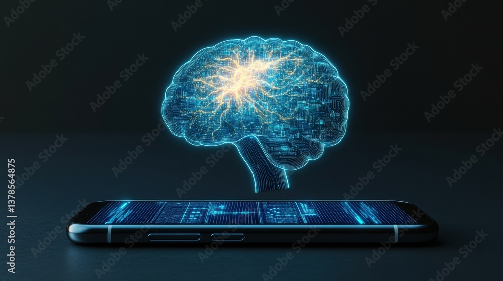 Poster a glowing digital brain representation hovers above a smartphone with a binary code interface highli