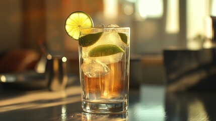 tall soda glass with lime slices and ice, set on a clean table with sunlight illuminating its crisp, bubbly texture.