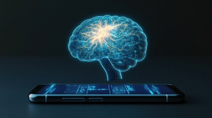 A glowing digital brain representation hovers above a smartphone with a binary code interface highlighting the fusion of technology and ligence