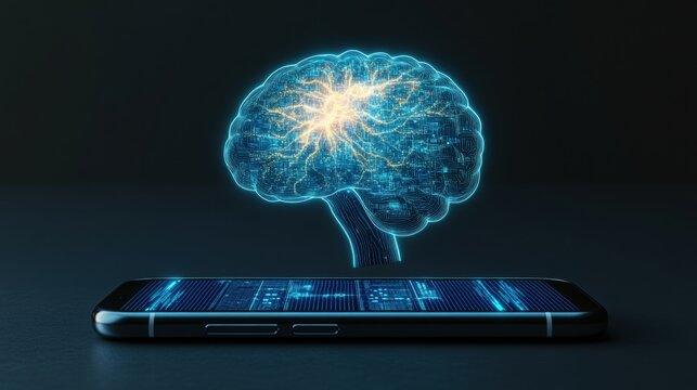 A glowing digital brain representation hovers above a smartphone with a binary code interface highlighting the fusion of technology and ligence