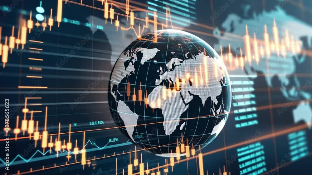 Poster digital representation of global trading market with financial data displays on a dark background fe
