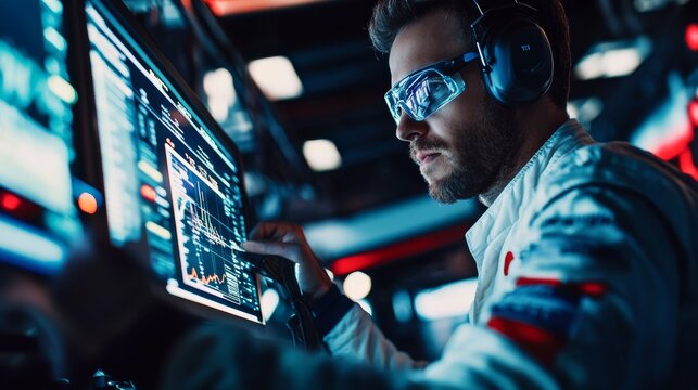 A behind-the-scenes look at a race car engineer analyzing telemetry data on a digital screen,