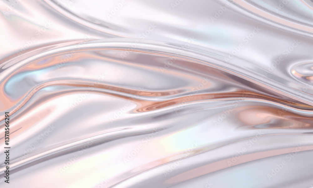 Poster smooth, flowing holographic wave background with soft pastel colors and shiny, reflective surface th