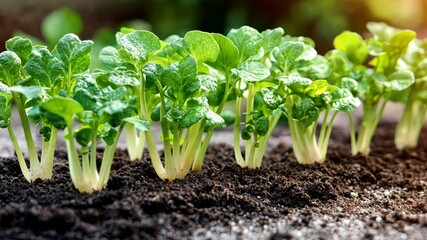 Rows of young green plants growing in soil