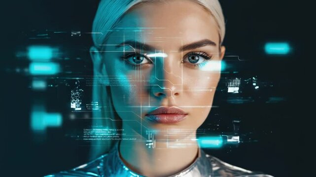 Futuristic woman with digital code overlay, metaverse and cyberspace technology concept. Double exposure effect highlights advanced internet and virtual reality. 4k, video, slow motion, hd resolution.