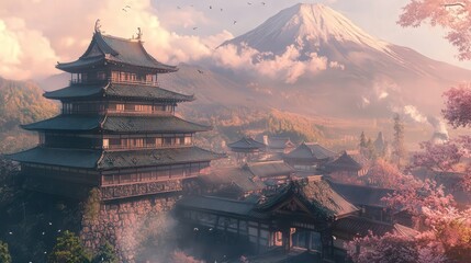 Fototapeta premium Japanese castle stands in harmony with the towering Mt. Fuji in the background, providing a breathtaking view of Japan iconic landmarks.