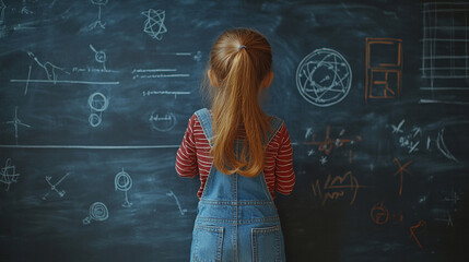 Little Girl Facing Chalkboard with Math and Science Drawings, Back View