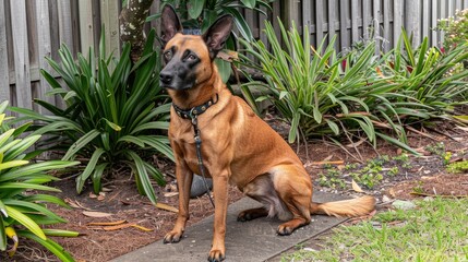 an elegant Malinois dog with black ears, sitting in the backyard garden